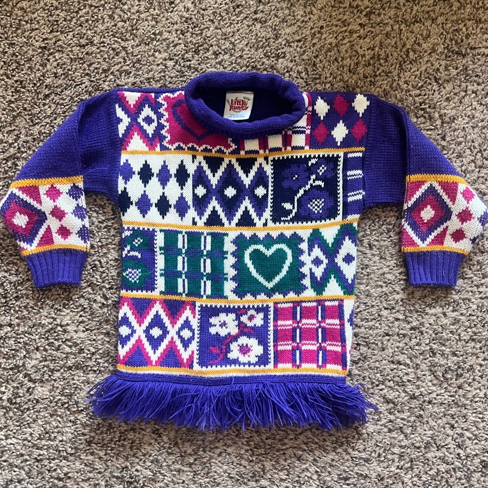 Vintage 90s Colorful Patterned Sweater with Fringe